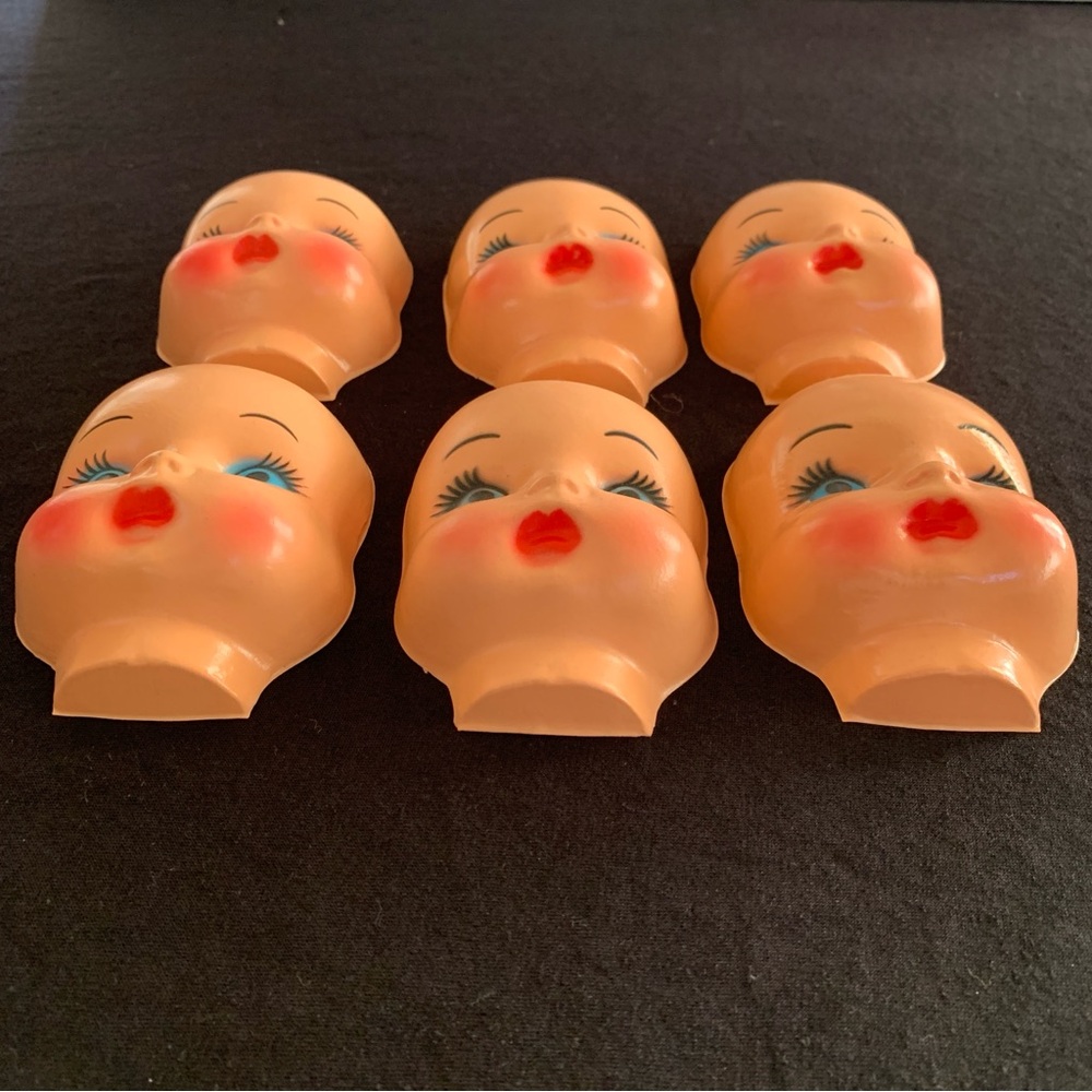 Vintage Lot MCM Celluloid Plastic Half Doll Heads Faces Blue Eyes Red Lips 4.5” - Picture 4 of 7